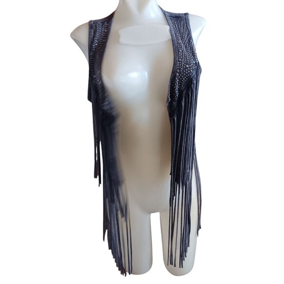 Vigoss Women's Small Shirt Studded Hippy Biker Vest Gray Fringe Sleeveless USA - Picture 1 of 5